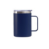 A stainless steel cup with handle in navy blue, featuring a clear lid and a sleek design. It's unbranded.