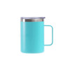 A turquoise stainless steel cup with a handle and a clear lid. It has a simple, modern design and a logo.