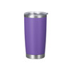 A drink bottle in vibrant purple with a stainless steel base and a clear lid. It features a logo.