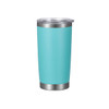 A drink bottle in a vibrant teal colour with a stainless steel bottom and a clear lid, featuring a logo.
