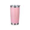 A drink bottle designed in pink with a stainless steel base and a clear lid, featuring a logo.