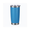 A drink bottle with a blue stainless steel exterior and a clear, plastic lid. It has a silver base and a branded logo.