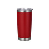 A drink bottle made of red stainless steel with a double wall design and a clear lid. It has a silver base and a logo.