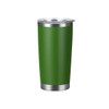 A drink bottle with a stainless steel double wall and a green exterior, featuring a clear lid and a metallic base.