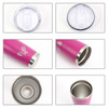 A drink bottle featuring a pink exterior, stainless steel double wall, and a clear lid with a branding logo.