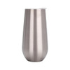A drink bottle in a sleek silver stainless steel design, featuring a lid and a curved shape.