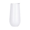 A drink bottle in clear, frosted glass design with a metallic rim, featuring a logo on one side.