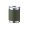 A drink bottle in olive green with a stainless steel base and a transparent lid. It features a logo on the surface.