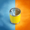A drink bottle featuring a yellow stainless steel exterior with ice inside, set against a vibrant blue and orange background.