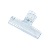 A translucent plastic clip in clear blue, featuring a spring mechanism for secure holding.