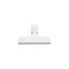 A white plastic clip with a rectangular base and a hole for hanging. It features a simple design.