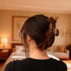 A series of acetate hair clips in tortoiseshell design, held in a woman’s hair. The background features a softly lit room.