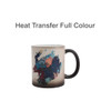 A mug featuring a heat-reactive design with a colourful splash pattern and a black handle. It has a logo.
