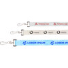 A set of three lanyards in white, light blue, and red, featuring various logos and clips for attachment.