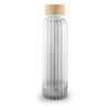 A drink bottle with a ribbed glass design and a bamboo lid, featuring a clear and elegant appearance.