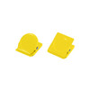 Two yellow metal magnetic clips sitting side by side, featuring a round and a square design. Each has a logo.