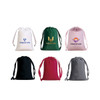A collection of six drawstring bags in white, green, pink, black, red, and grey, each featuring a logo.