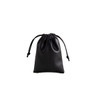 A black PU leather drawstring gift bag with a gathered top and adjustable cords.