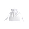 A white silk satin drawstring bag with a gathered top and ribbon ties. It features a smooth, shiny surface.