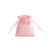 A pink silk satin drawstring bag with ribbon ties at the top and a smooth, shiny finish. It has a logo.