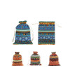 Linen burlap drawstring bags in vibrant patterns of blue, orange, and green with decorative designs and drawstring closures.