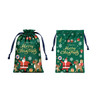 Two green polyester drawstring gift bags featuring Christmas designs with Santa, reindeer, and holiday decorations.