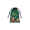 A green polyester drawstring gift bag featuring Christmas designs, including Santa, reindeer, and presents.