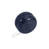 A classic yoyo in dark blue with a string attached, featuring a smooth, rounded design and a logo.