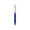 A blue ballpoint pen with a silver clip and detailing, featuring a sleek plastic design.
