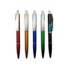 A set of five ballpoint pens in red, orange, blue, green, and black, featuring silver clips and one with a logo.