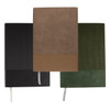 A set of three notebooks in black, brown, and green, featuring textured covers and ribbon bookmarks. Each has a logo.