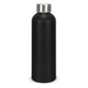 A drink bottle made of recycled aluminium, featuring a matte black finish and a stainless steel cap. It has a logo.