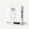 A white box containing a VibeTag Bluetooth tracker, featuring a simple design and logos for compatibility with Apple and Android devices.