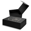 A medium magnetic lid gift box in black with an open lid, revealing a spacious interior. Includes a logo on the exterior.