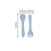 A light blue silicone spoon and fork set for kids, featuring rounded handles and specific dimensions.