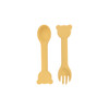 Bear-shaped silicone cutlery for kids in a soft yellow hue, featuring a spoon and a fork with a playful design.