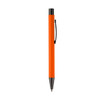 An orange metal pen with a black clip and a silver tip, featuring a logo.