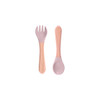 A set of ergonomic silicone kids cutlery featuring a pink fork and spoon with wooden handles.