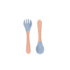 Ergonomic silicone kids cutlery in blue and wood, featuring a fork and spoon design with a comfortable grip.