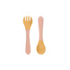 Ergonomic silicone kids cutlery set featuring a yellow fork and spoon with wooden handles.