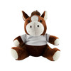 A brown and white plush horse sitting upright, wearing a white shirt. It has a friendly expression and a fluffy mane.