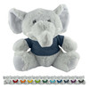 A grey elephant plush toy wearing a blue shirt, featuring large ears and a friendly expression. It has a multi-coloured design border.