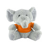 A grey elephant plush toy wearing an orange shirt, featuring large ears and a friendly expression.
