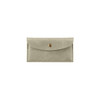 A PU leather glasses pouch in a soft grey colour with a gold snap closure and a logo.