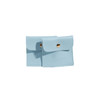 A square light blue PU leather jewelry pouch with a snap closure and a gold button.