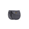 A grey oval velvet jewelry pouch featuring a snap button closure and a soft texture. It has a logo.