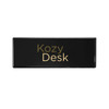 A sleek black desk with a gold logo featuring the text "Kozy Desk."