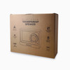 A cardboard box containing a transparent speaker with RGB LED lighting. It features icons for Bluetooth and power.