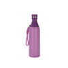 A drink bottle in a sleek purple design, featuring a double wall and a logo. Includes a matching carry strap.