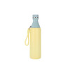 A drink bottle featuring a slim design in yellow and light blue, with a stainless steel finish and a carry strap.